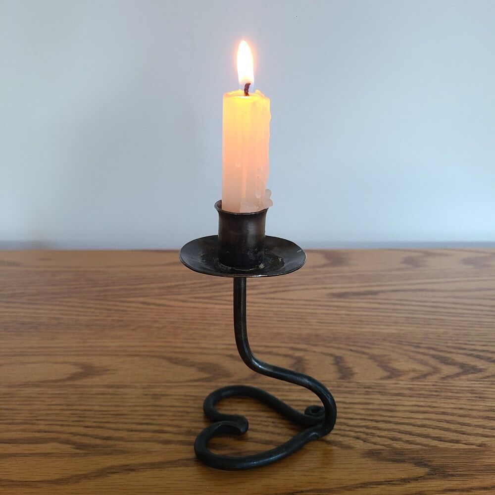 Vintage Wrought Iron Heart Base Taper Candle Holder HandForged Bronze Tone Metal - Picture 8 of 10